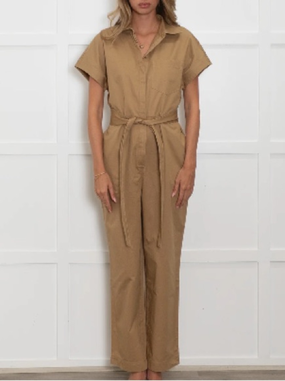 Casual Tan Tie-Waist Utility Jumpsuit